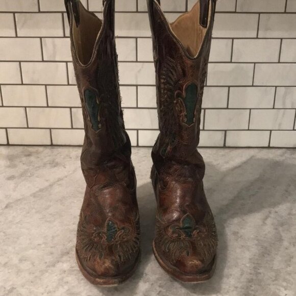 Corral Boots Womens Size 7 Brown Leather Western Fleur de Lis Inlay Snip Toe - Picture 2 of 12